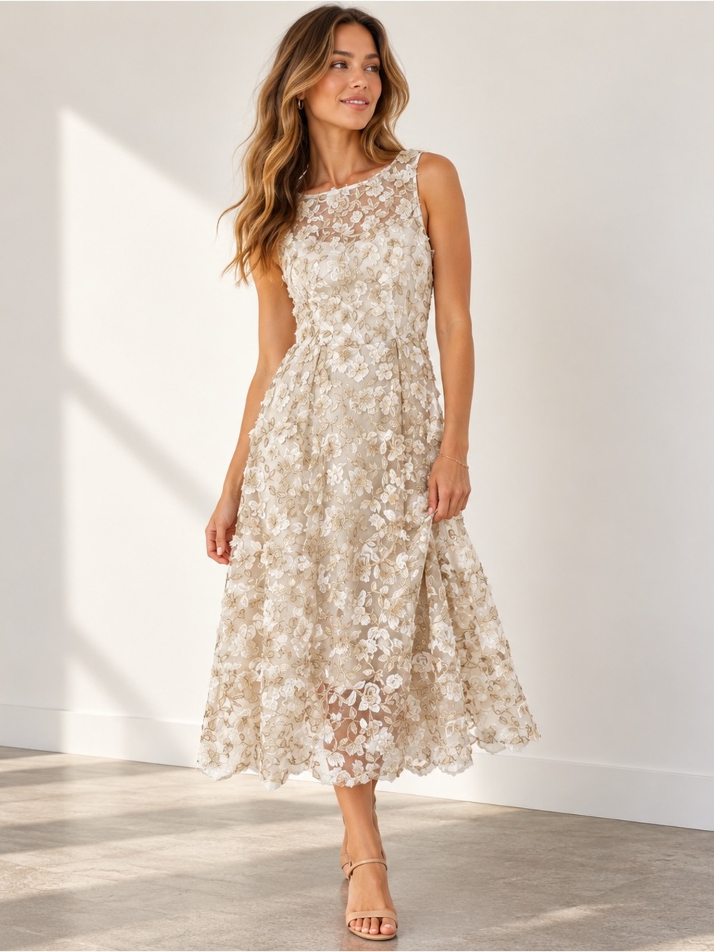Adrianna Papell Floral Embroidered Illusion Midi Dress Cream Gold Size 8 Wedding